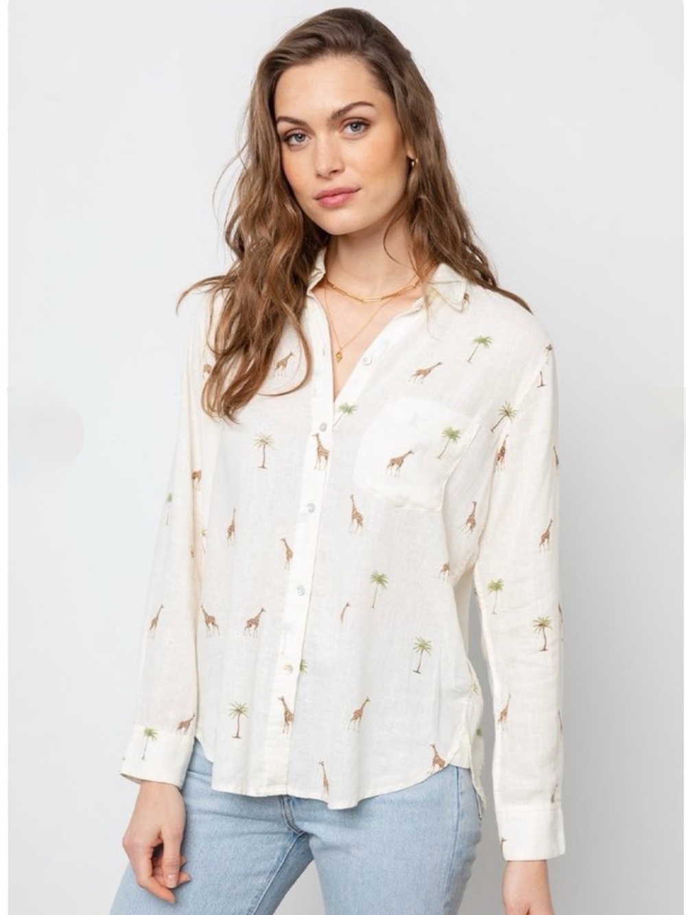 Rails Charli Safari Giraffe Palm Tree Linen Blend Button Down Shirt Small NWT